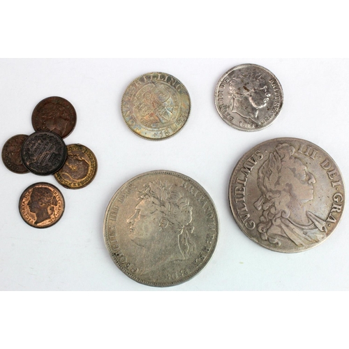 2284 - GB Coins (9): Crown 1695 Octavo VG, Crown 1821 Secundo nF, Shilling 1819/8 Fair, Shilling 1893 iride... 