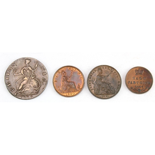 2292 - GB Copper & Bronze (4): Farthing 1821 nEF, Farthing 1860 TB EF with lustre, Half-Farthing 1843 aEF, ... 