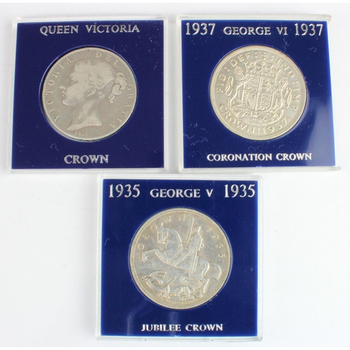 2305 - GB Crowns (3): 1844 cinquefoils Fine, 1935 GVF, and 1937 nEF scratch; these in plastic sliding cases... 