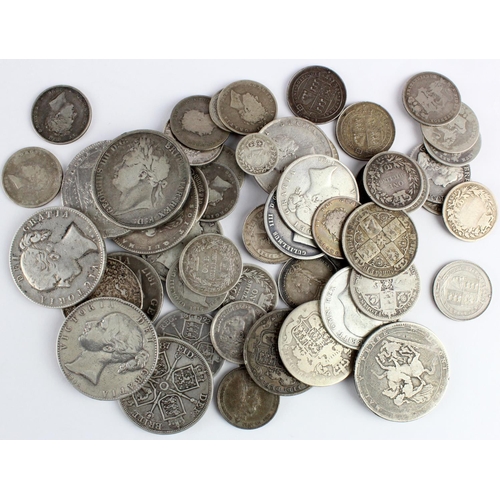 2340 - GB Pre-1920 Silver Coins (56) 535g, including better pieces 18th-19thC such as 2x young head Victori... 