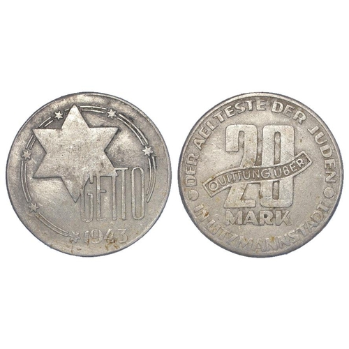 496 - Poland, Nazi Occupation, ?ód? Ghetto, aluminium 20 Mark 1943, KM# Tn4, GF with some corrosion.