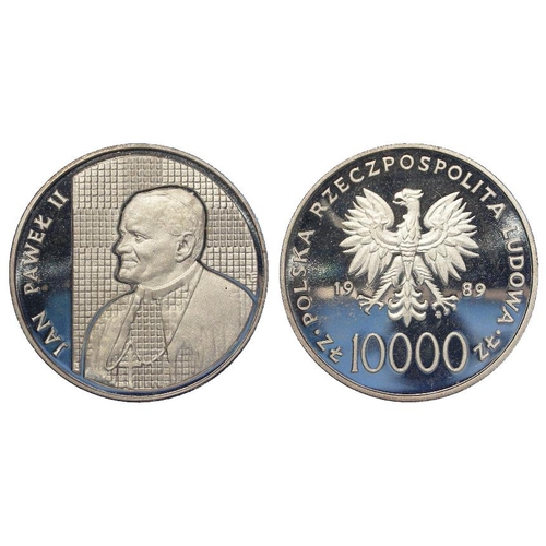 504 - Poland, Peoples Republic, Pope John Paul II silver proof 10000 Zlotych 1989MW, Y# 189a, nFDC with li... 