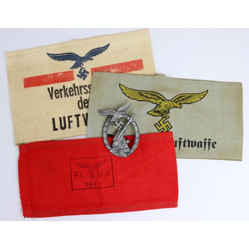 580 - German Luftwaffe interest 3x armbands and a Flak badge Third Reich