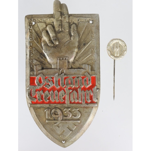 596 - German Nazi 1933 metal plaque and SS stick pin.