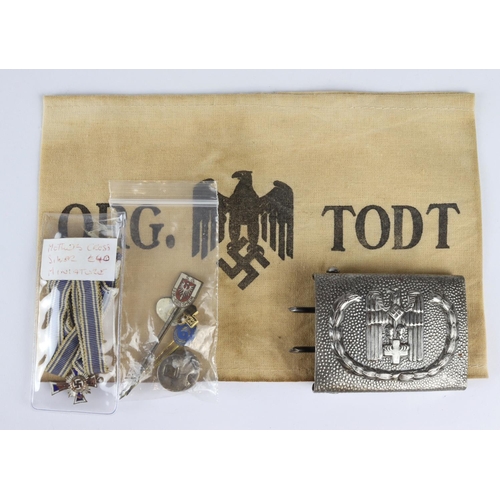 604 - German Nazi Armband Org Todt. red cross belt buckle, miniature + pins.