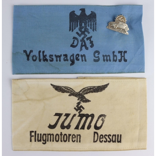 605 - German Nazi armband Volkswagen factory and badge + Jumo factory armband.