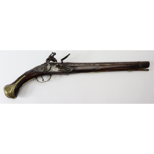 69 - Continental flintlock holster Pistol, most likely of Turkish origin, circa 1800. Brass decorated ste... 