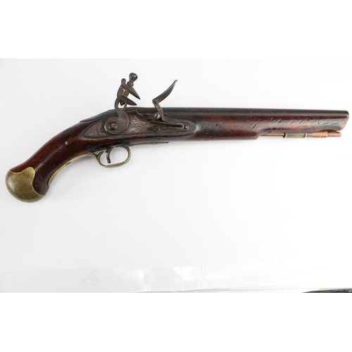 86 - Flint lock 'Tower' pistol with belt slide. Lockplate stamped 'Tower' 'G.R.' under crown, and arrow u... 