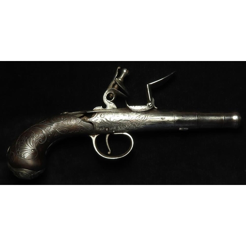 87 - Flintlock boxlock cannon barrelled Queen Anne style pocket Pistol by W.Mansell. Turn off barrel 2.5