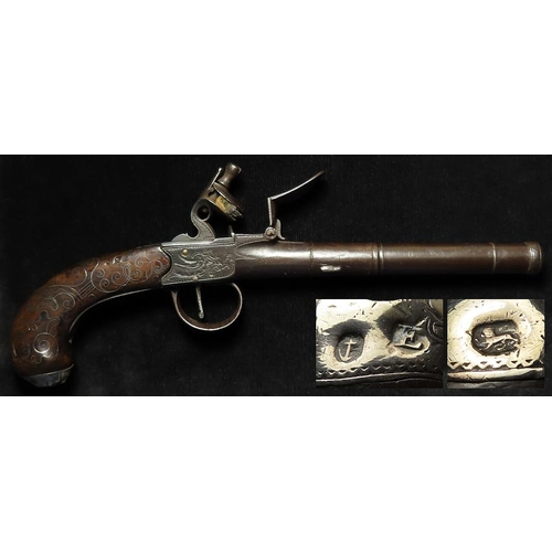 88 - Flintlock boxlock cannon barrelled Queen Anne style travelling pistol, lock panel signed 