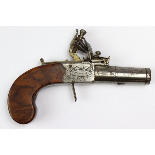 89 - Flintlock boxlock, turn off barrel pocket Pistol by Oates of Worcester. Side panels engraved with st... 