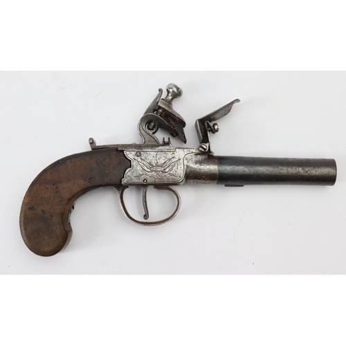 90 - Flintlock boxlock, turn off barrelled pocket pistol, barrel 2 3/4