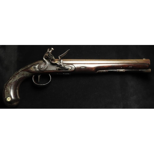 92 - Flintlock duelling pistol by Robert Wogdon, circa 1780, with superb silver inlaid butt, with Damascu... 