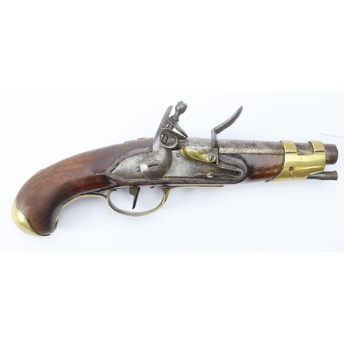 95 - Flintlock pistol, unmarked, possibly for Naval use. Ring neck cock, unmarked lockplate, brass pan. S... 