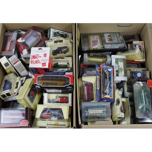 72 - Diecast. Two boxes of various boxed diecast vehicles, makers include Lledo, Matchbox, Corgi etc.