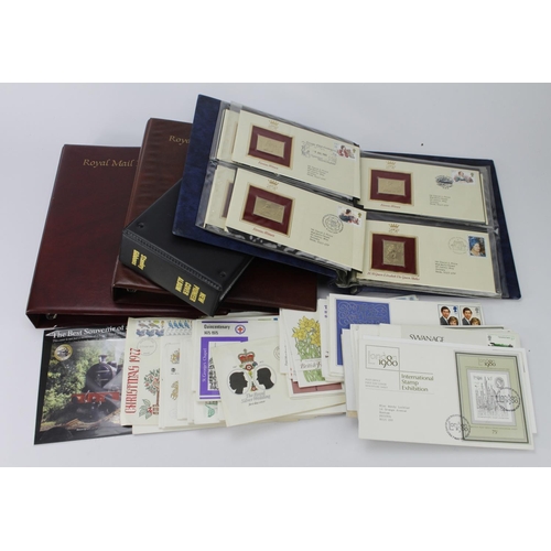 454 - GB FDC's in 2x albums, various postmarks. Empty cover album. 22ct Golden Replicas of British Stamp C... 