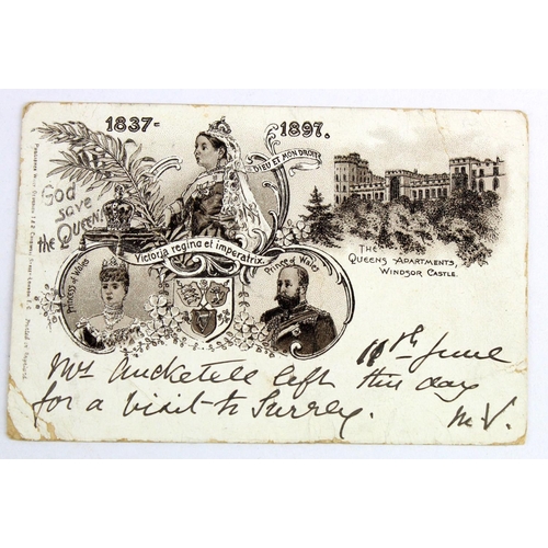 557 - Queen Victoria Diamond Jubilee postcard, postally used June 1897, in poor condition but rare item   ... 