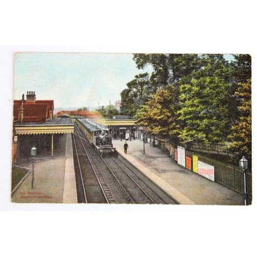 563 - Railway Station postcard. Westcliffe-on-Sea Essex (interior, with steam train)