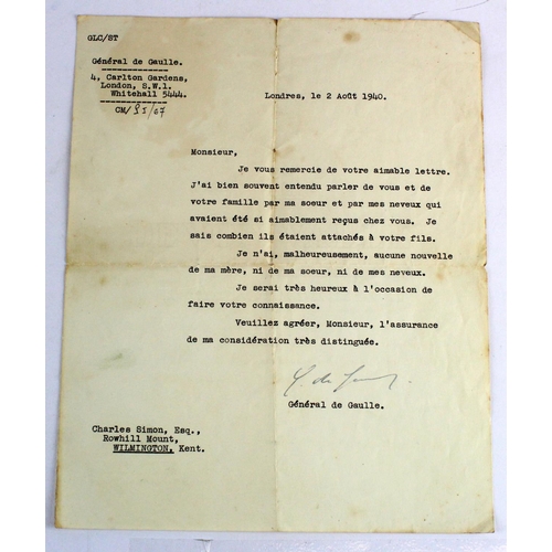 864 - Signed letter from General Charles de Gaulle in Carlton Gardens, London S.W.1, to Charles Simon Esq,... 