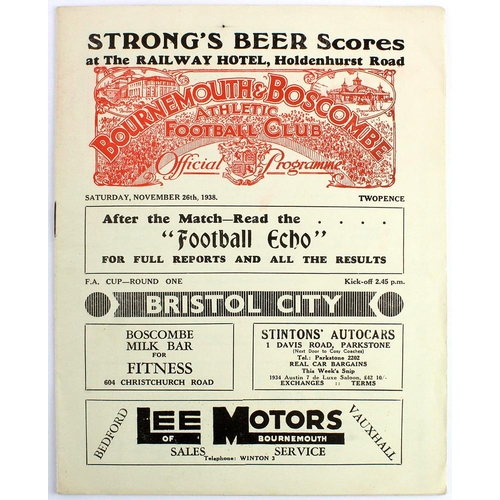 886 - Football programme -  Boscombe v Bristol City 26 Nov 1938, FA Cup Round One.