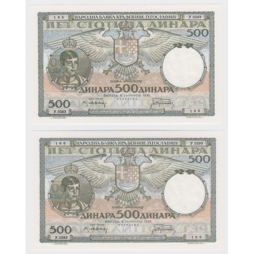 1190 - Yugoslavia 500 Dinara (2) dated 6th September 1935, a consecutively numbered pair, serial Y.0293 165... 