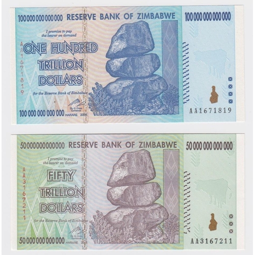 1193 - Zimbabwe (2), 100 Trillion Dollars & 50 Trillion Dollars dated 2008, the two highest denominations i... 