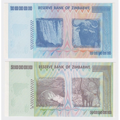 1193 - Zimbabwe (2), 100 Trillion Dollars & 50 Trillion Dollars dated 2008, the two highest denominations i... 