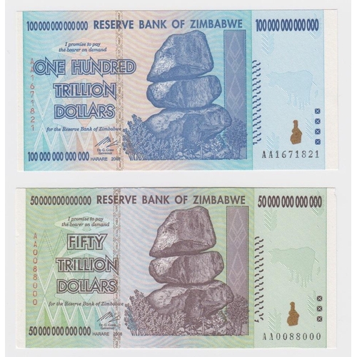 1194 - Zimbabwe (2), 100 Trillion Dollars & 50 Trillion Dollars dated 2008, the two highest denominations i... 