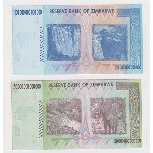 1194 - Zimbabwe (2), 100 Trillion Dollars & 50 Trillion Dollars dated 2008, the two highest denominations i... 