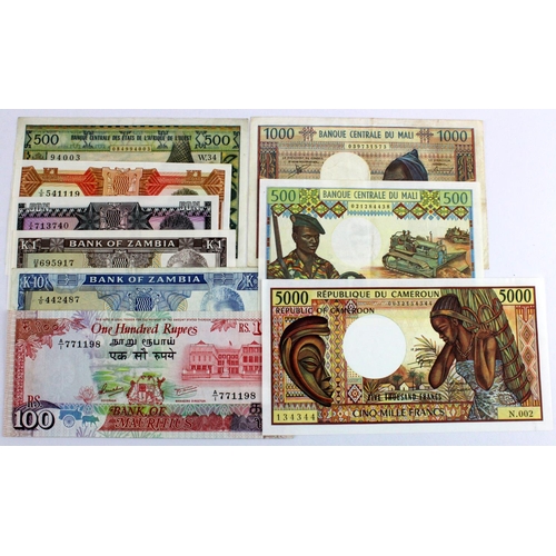 1234 - World, Africa (9) comprising Cameroun 5000 Francs, Mali 100 Francs & 500 Francs, Mauritius 100 Rupee... 