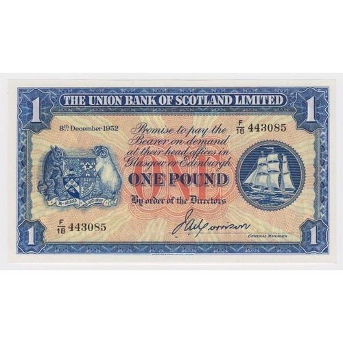 539 - Scotland, Union Bank 1 Pound dated 8th December 1952, signed John A. Morrison, serial F/18 443085 (P... 