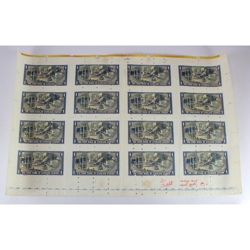 540 - Scotland, Union Bank 1 Pound, UNCUT SHEET of 16 progressive PROOFS of the 6th Issue 1949 - 1954, ful... 