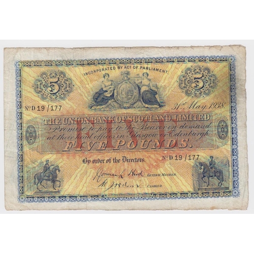 541 - Scotland, Union Bank 5 Pounds dated 31st May 1938, signed Norman Hird & M.J. Wilson, serial D 19/177... 