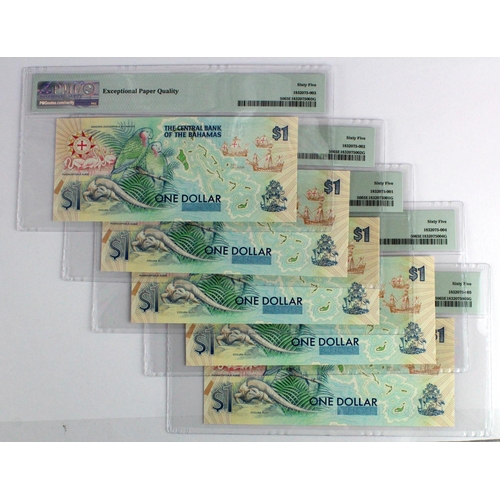 598 - Bahamas 1 Dollar (5) dated 1992, a consecutively numbered run of 5 Commemorative notes, Quincentenni... 