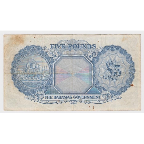 600 - Bahamas 5 Pounds issued 1953 (Currency Act 1936), portrait Queen Elizabeth II at right, serial A/2 0... 