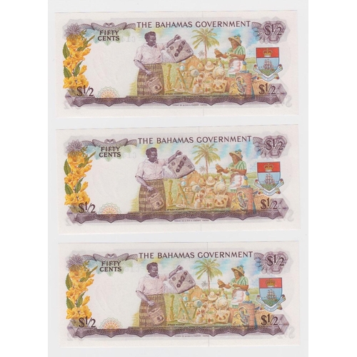 601 - Bahamas 50 Cents (1/2 Dollar) dated Law 1965 (3), a consecutively numbered run of 3 notes, serial C1... 