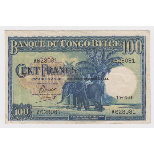 607 - Belgian Congo 100 Francs dated 10th June 1944, serial A628081, 'duexieme emission 1944' overprint on... 