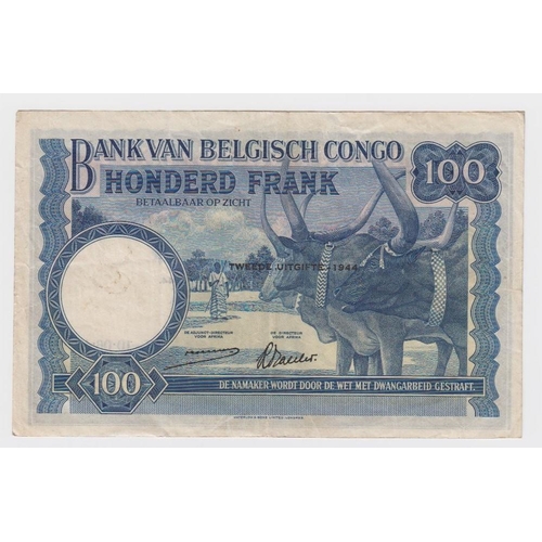 607 - Belgian Congo 100 Francs dated 10th June 1944, serial A628081, 'duexieme emission 1944' overprint on... 