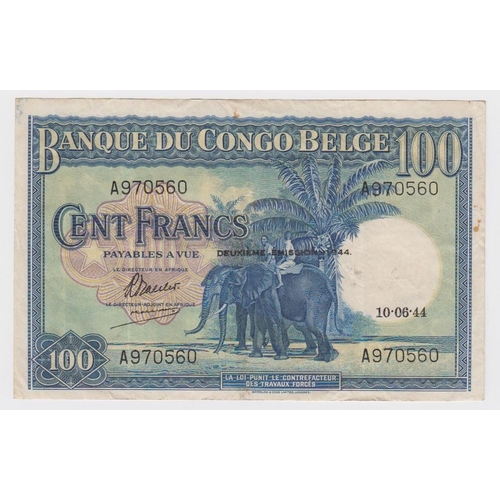 608 - Belgian Congo 100 Francs dated 10th June 1944, serial A970560, 'duexieme emission 1944' overprint on... 