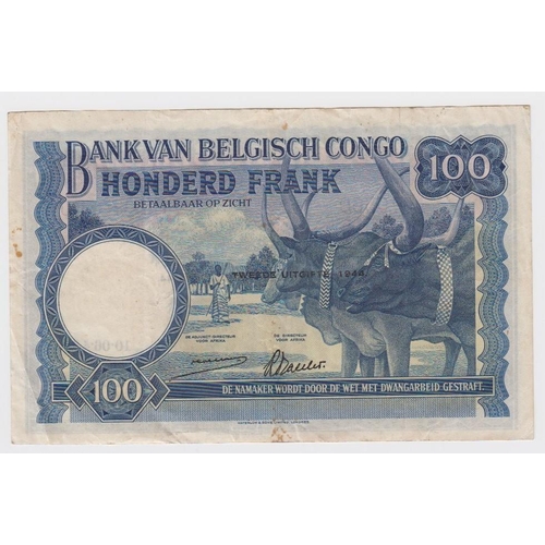 608 - Belgian Congo 100 Francs dated 10th June 1944, serial A970560, 'duexieme emission 1944' overprint on... 