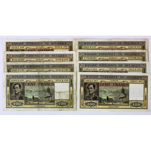 612 - Belgium 100 Francs (8) dated 1945 & 1946, portrait Leopold I at left (TBB B575a, Pick126) mixed grad... 