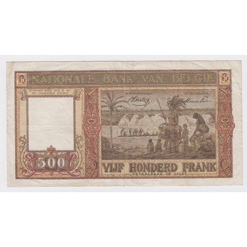 614 - Belgium 500 Francs dated 27th March 1945, King Leopold II portrait at left, serial D.0930 075 (TBB B... 