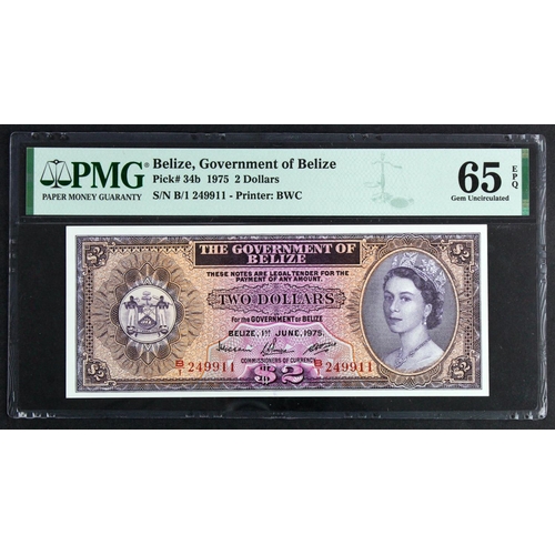 618 - Belize 2 Dollars dated 1st June 1975, Queen Elizabeth II portrait at right, serial B/1 249911 (TBB B... 