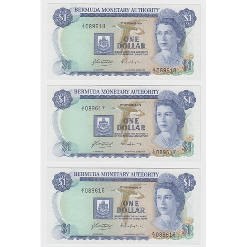 620 - Bermuda 1 Dollar (3) dated 1st September 1979, 'Z/1' prefix REPLACEMENT notes, a consecutively numbe... 