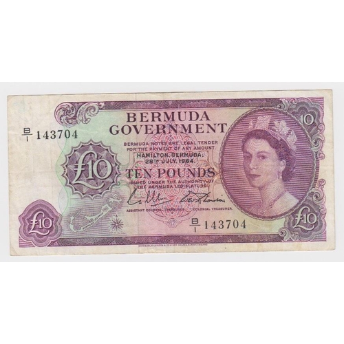 621 - Bermuda 10 Pounds dated 28th July 1964, signed Lumsden & Davidson, serial B/1 143704 (TBB B123a, Pic... 