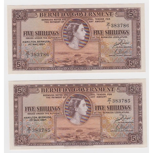 623 - Bermuda 5 Shillings (2) dated 1st May 1957, portrait Queen Elizabeth II at top centre, a consecutive... 