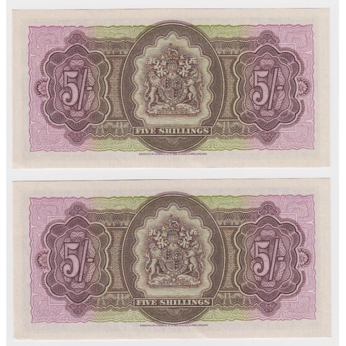 623 - Bermuda 5 Shillings (2) dated 1st May 1957, portrait Queen Elizabeth II at top centre, a consecutive... 