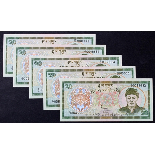 624 - Bhutan 20 Ngultrum (5) issued 2000, a consecutively numbered run of REPLACEMENT notes with 'Z/1' pre... 