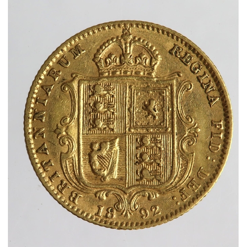 1156 - Half Sovereign 1892 no initials, lower shield, S.3869D, GF