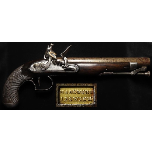 126 - Ipswich interest - a fine flintlock holster pistol by Harcourt of Ipswich. Round barrel 9